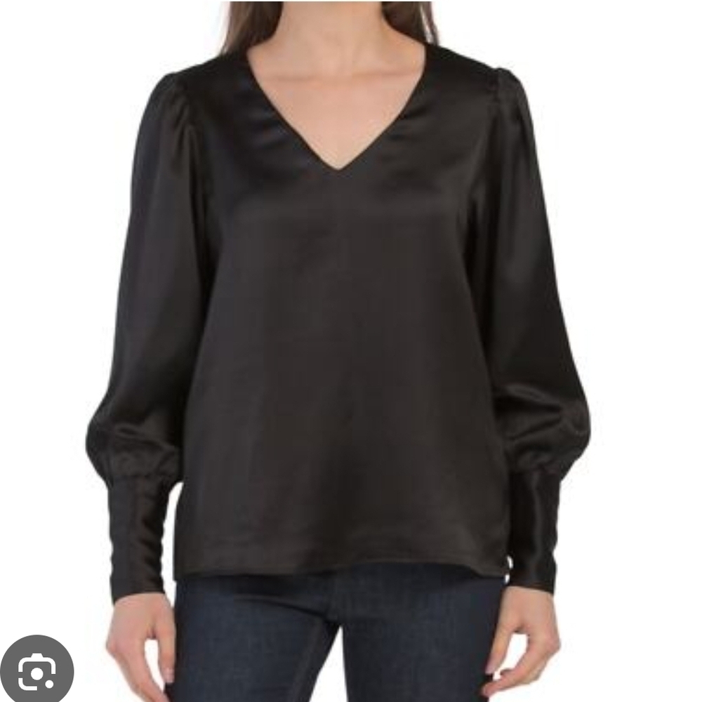 Rachel Zoe-Los Angeles Satin V Neck Long Button Sleeve Blouse-Size Small